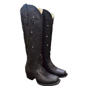 Black Embroidered Knee-High Boots